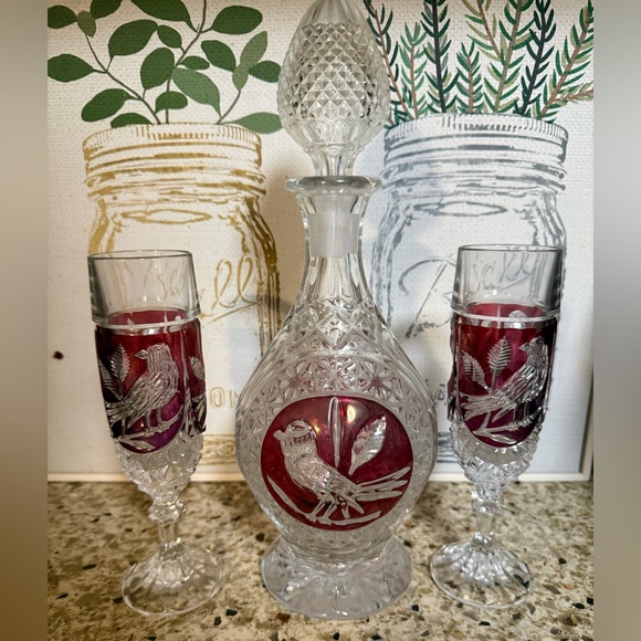 Hofbauer Byrdes Collection The Ruby Decanter & glasses Ruby Red & Clear Crystal - Picture 3 of 5